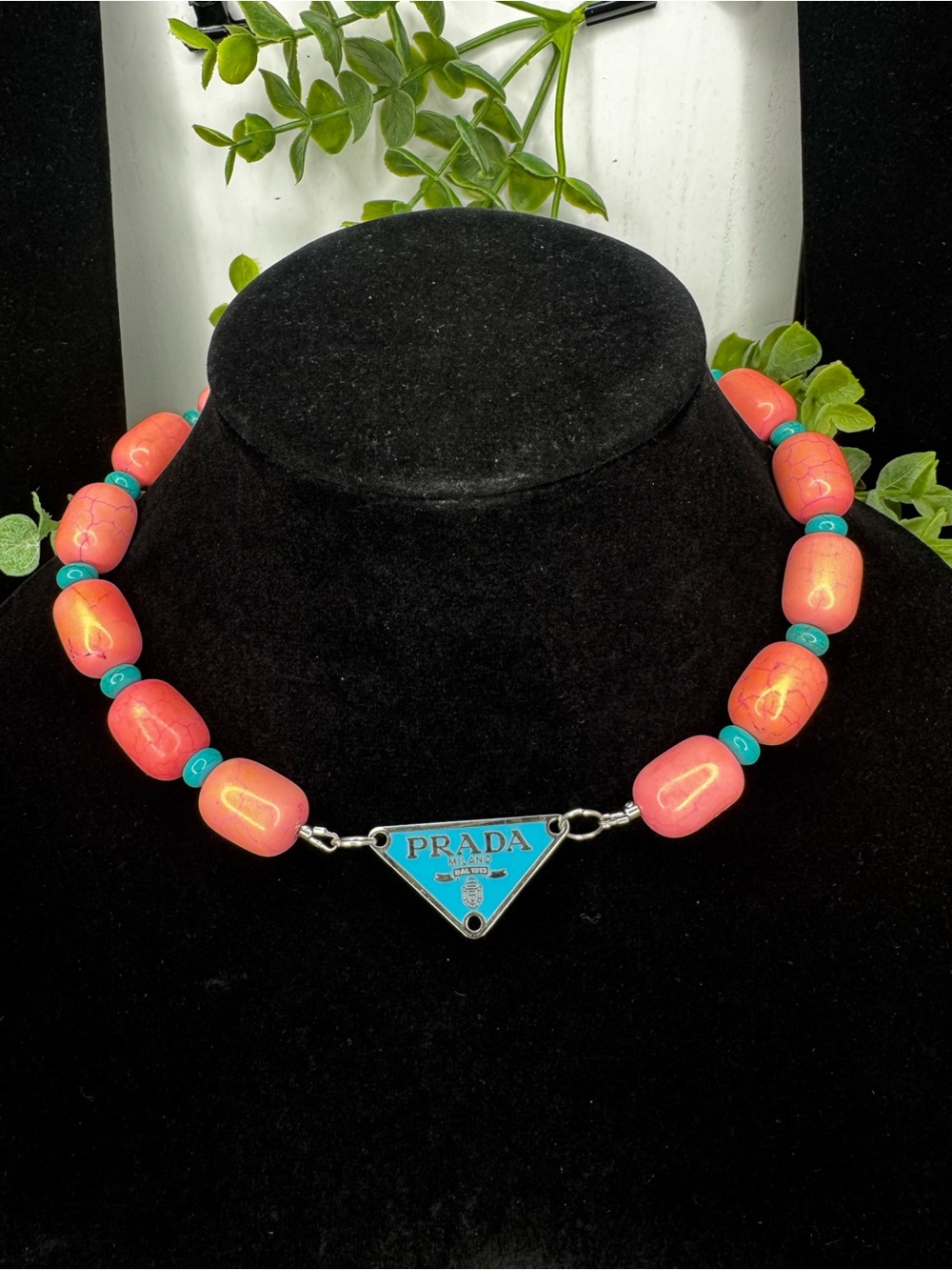 Coral and Turquoise Enamel Triangle Bead Necklace